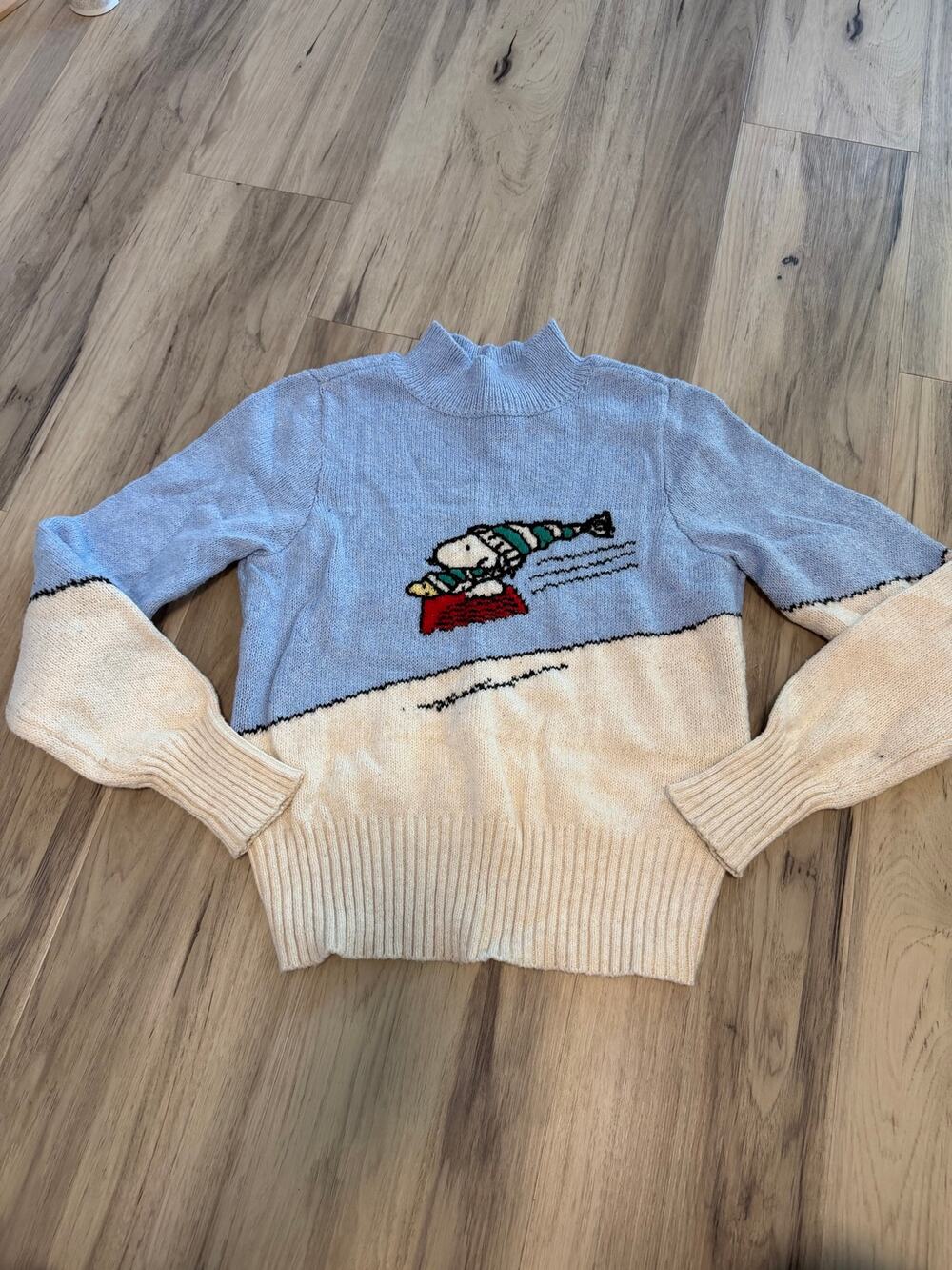 American Eagle Peanuts Snoopy Doghouse Knit Sweater Light Blue White Women's Sm